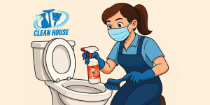 Hình ảnh ngườu phụ nữ đang sử dụng chai tẩy bồn sứ nhà Clean House